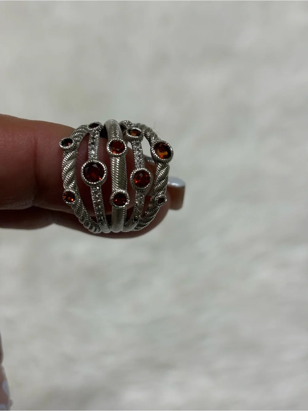 Judith Ripka Silver Multi-Band Ring with Deep Red Stones
